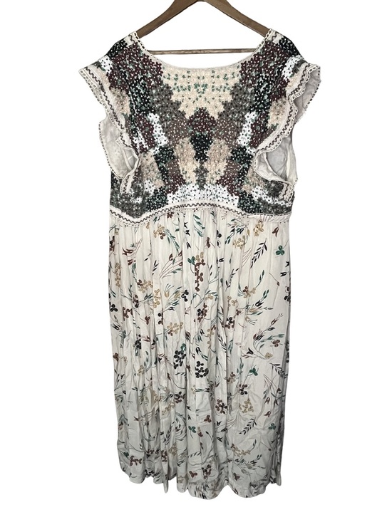 Anthropologie 24W Printed V-Neck Maxi Dress floral crochet bodice ivory, boho - Picture 2 of 10